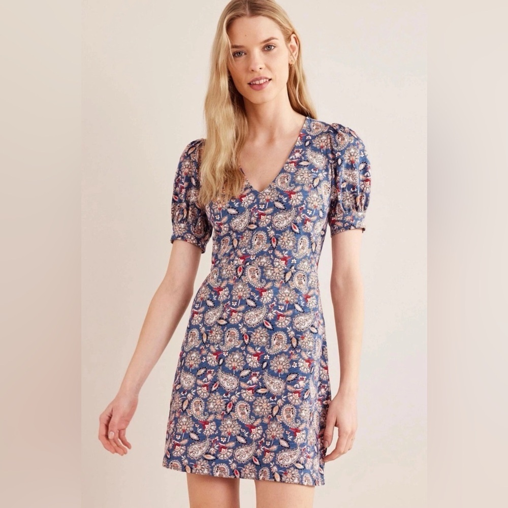 Boden Women’s  V-Neck Jersey Mini Dress Navy Paisley Terrace - Size 14